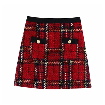 

Women Sweet Tweed Mini Skirts fashion ladies pocket design plaid red skirt female patchwork falda girls high waist skirts