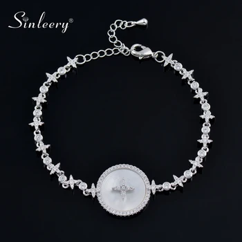 

SINLEERY New Design Shiny Stars Round White Shell Charm Bracelet Silver Color Chain Cubic Zirconia Bracelet For Women SL457 SSH