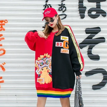 

SexeMara fashion The New Loose Cartoon Sequin Color matching Round neck Long sleeve Sweatshirt free shipping