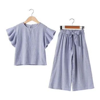 

4-12year New Funky Summer Sets Girls Stripe Clothing For Kids Trumpet Short sleeve +9point pants 2Pcs Suit 2020 Fashion Girl Set