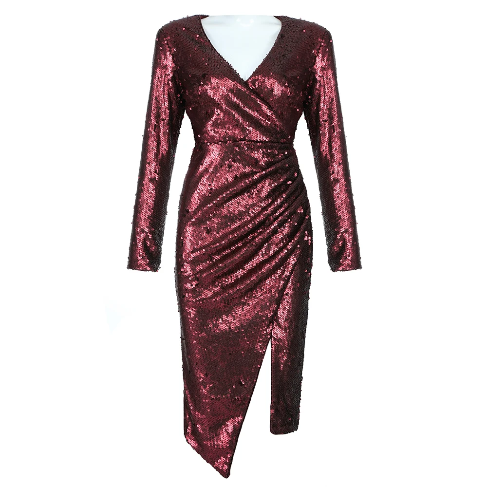 VC все Новое поступление красное женское платье с блестками Vestidos с длинным рукавом v-образный вырез вечерние платья до колен - Цвет: Redwine