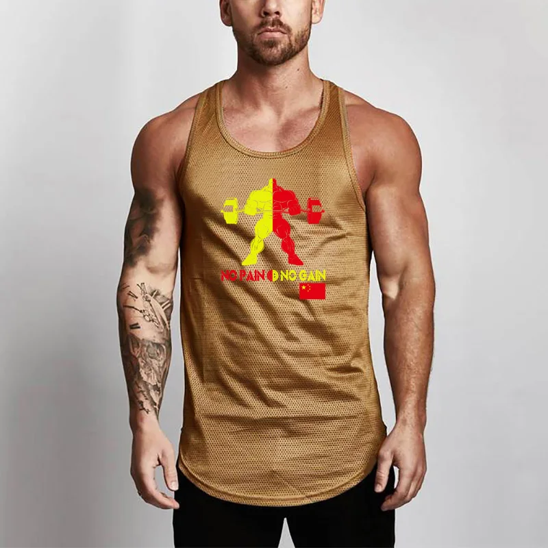 Модные сетчатые мужские танк Топ для занятий йогой тренажерный зал Tanktops жилет Стрингер Фитнес бренд тренировки Повседневное синглеты без рукавов бодибилдинг - Цвет: Золотой