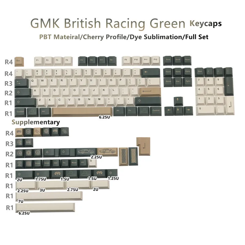 

Personalized GMK British Racing Green Keycaps PBT Dye-Sub Cherry Profile 144 Keys With 6.25u 7u Spacebar Iso Enter