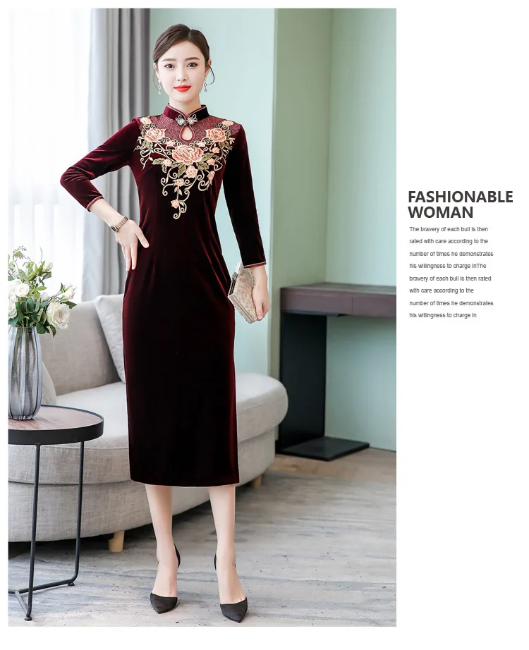 Ne8342@ осеннее Золотое бархатное платье с вышивкой Cheongsam улучшенное свадебное банкетное платье для женщин среднего возраста формальное платье