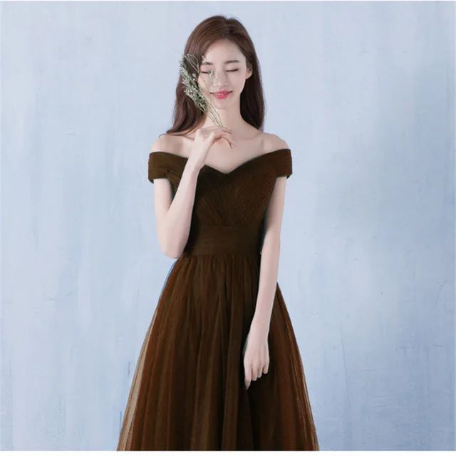 Длинное вечернее платье, сексуальное, с вырезом лодочкой, с открытыми плечами, Тюлевое вечернее платье, без рукавов, официальное, вечернее платье, много цветов - Цвет: Brown