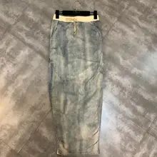 Ранняя осень Новая эластичная резинка на талии с разрезом сбоку стирается старомодная трендовая Хип Джинсовая юбка-карандаш