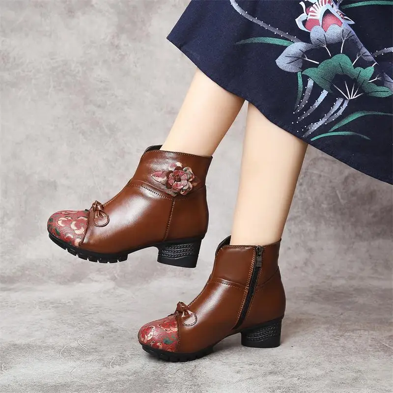 

Boots Women's 2019 Autumn And Winter New Style Ethnic-Style Genuine Leather Chunky Semi-high Heeled Mixed Colors plus Velvet Pri