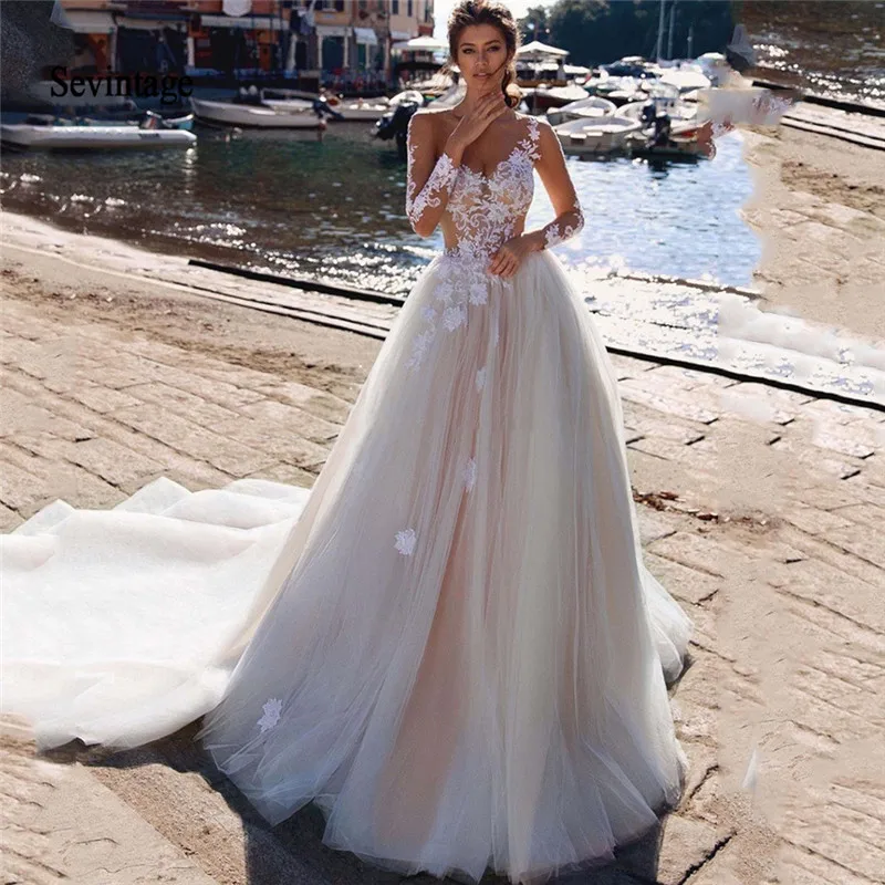 

Sevintage 2020 Boho Lace Wedding Dress Illusion Long Sleeve V Neck A Line Beach Bride Dresses Buttons Back Robe De Mariee