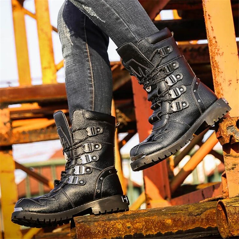 Men's Leather Motorcycle Boots Male Mid-Calf Snow Boots Military Combat Boots Gothic Belt Punk Boots Zapatillas Hombre
