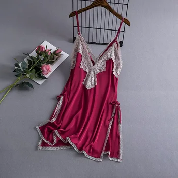 

Women Sexy Nightdress High Split Spaghetti Strap Nightgown Satin Homewear Sleepwear Lace Patchwork Home Clothes Nightwear