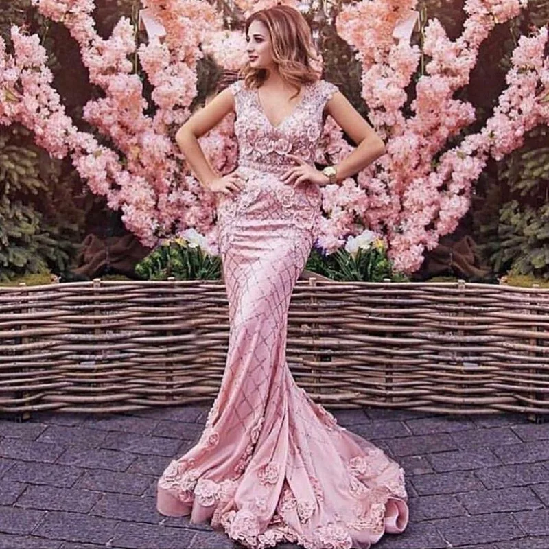 Дубай Вечерние платья Длинные розовые Формальные платья Аппликация Robe De Soiree Abendkleider Русалка платья на выпускной в арабском стиле vestido de festa