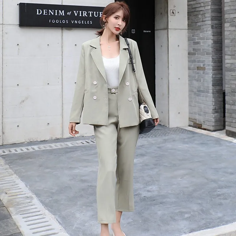 

ZAWFL 2 Pieces Set Women's Suit Autumn Elegant Fashion Double Button OL Notched Bussines Office Lady Blazer Pants Suits