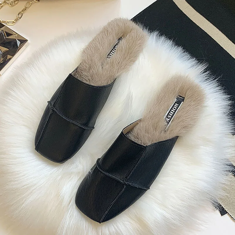

Spring Autumn New Real Fur Mules Women Flats Shoes Pregnant Shoes Women Furry Slides Fluffy Hairy Square Toes Soft PU Slippers