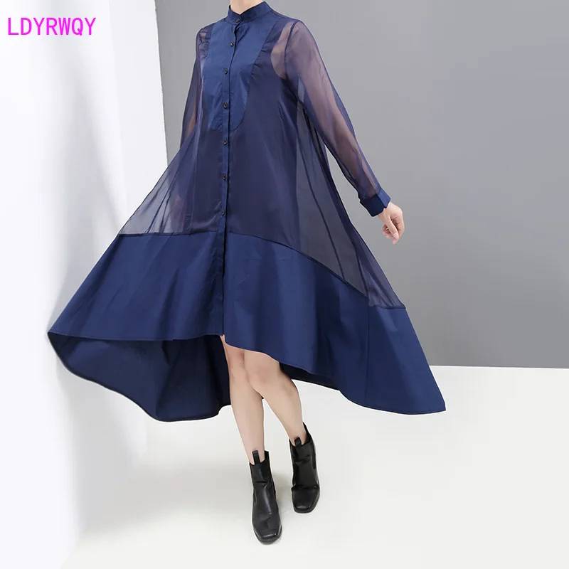 

2019 autumn new European and American large size women's stand collar long-sleeved stitching mesh single-breasted loose dress