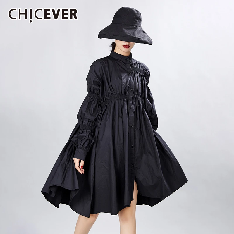 CHICEVER, корейское платье-рубашка с рюшами, женское свободное асимметричное платье с пышными рукавами, женская модная одежда, осень, Новинка