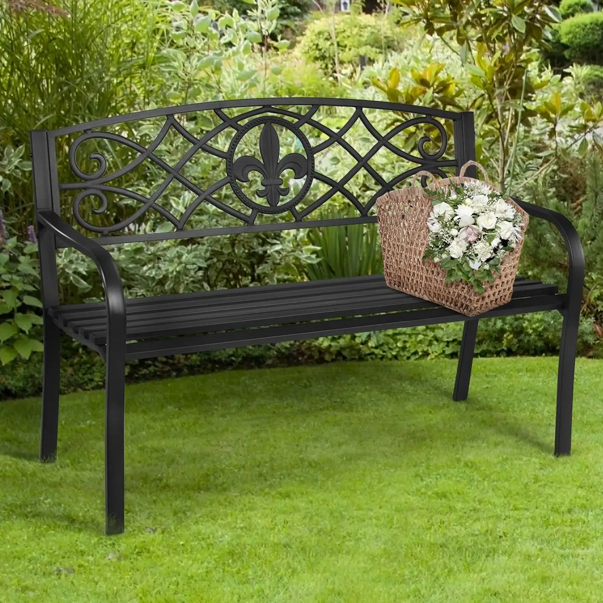 Steel Garden Bench Patio Bench With Back With Flower Scrolls For 23