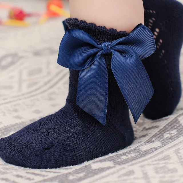 New Summer Baby Socks With Bow Toddlers Girls Long Knee High Sock Soft Cotton Hollow Out Kids Mesh Princess Socks For 0-5Years Dark Blue