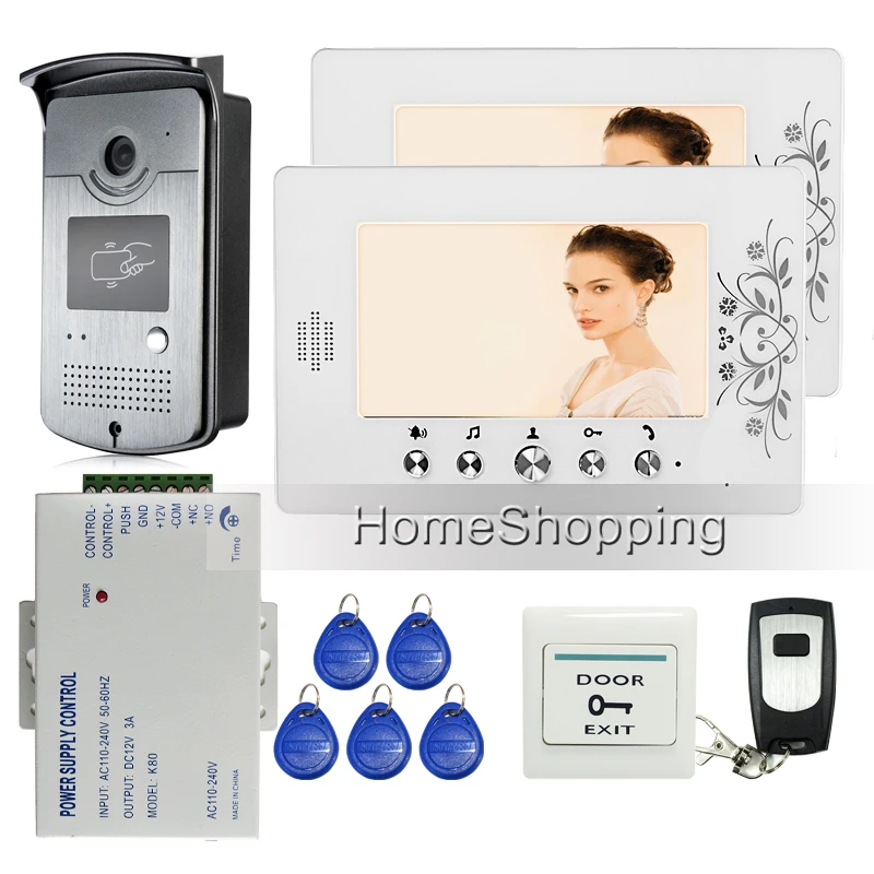 

New Wired 7" LCD Video Door Phone Intercom Doorbell System + 2 White Monitors + RFID Access Camera + Power Supply FREE SHIPPING