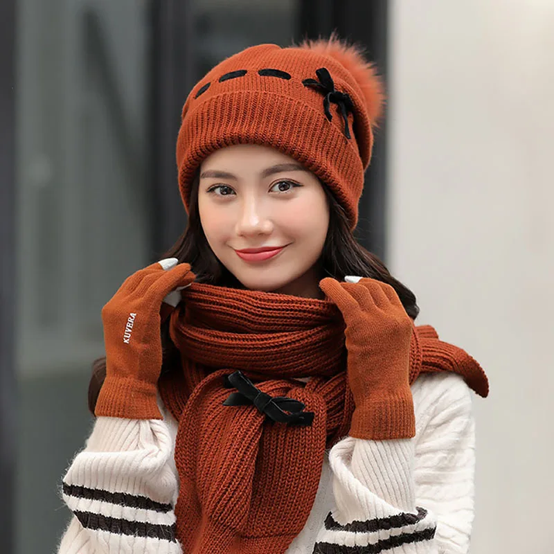 Calymel Новая Зимняя шерстяная шапка шарф перчатки набор женская вязаная шерстяная шапка шарф плюс бархат толстый теплый для улицы