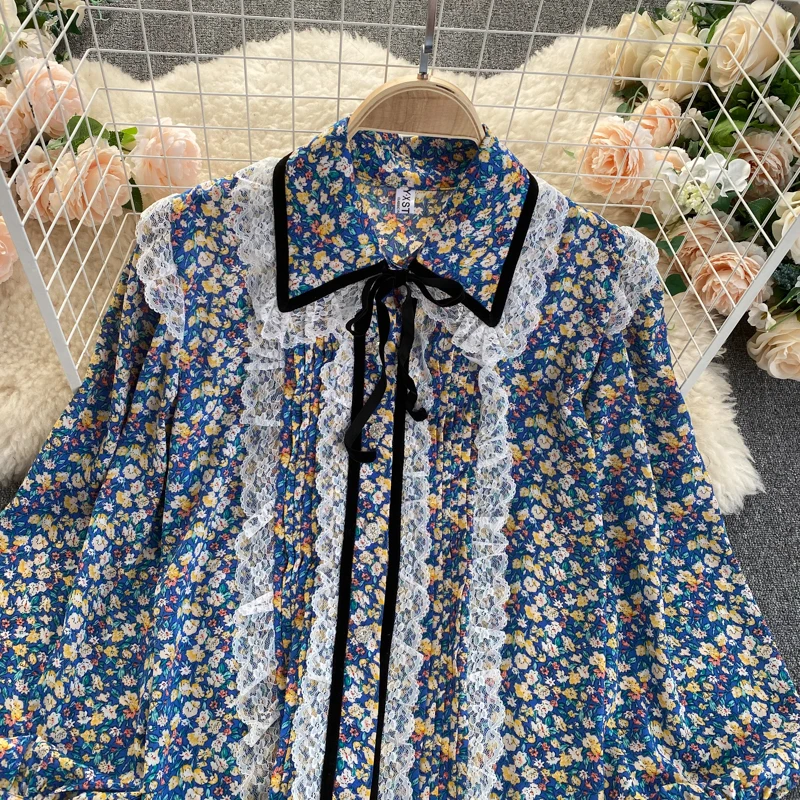 Sweet Floral Shirts Women 2021 Lace Patchwork Long Sleeve Bowknot Shirt Ladies Top Puff Sleeve Blouse Korean Clothes silk blouses