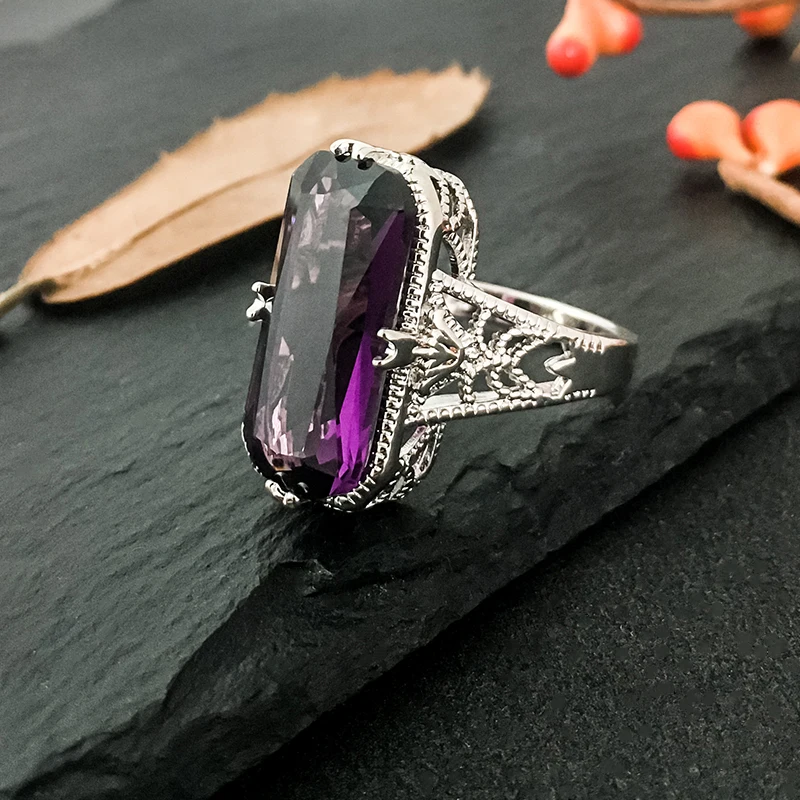 10*20mm Natural Amethyst Gemstone Ring S925 Sterling Silver Rings Exaggerated Silver Jewelry for Women Engagement Ring