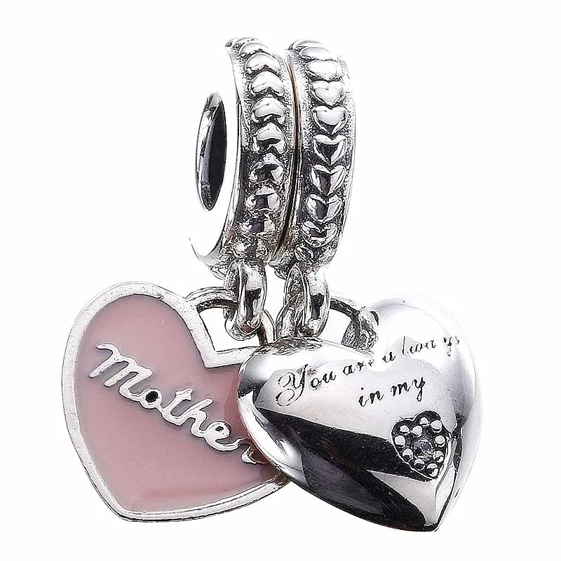 

Authentic 925 Sterling Silver Bead Charm Mother And Daughter Hearts With Crystal Pendant Beads Fit Pandora Bracelet DIY Jewelry
