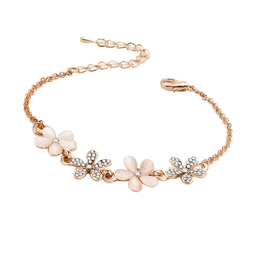 Elegant Flower Link Bracelet Cubic Zirconia Chain Bangle Anklet Wristband Adjustable with pink opal and bling rhinestone