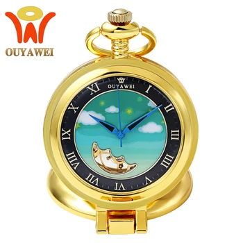 

OYW Mechanical Pocket Watch Men Full Steel Case Pocket Fob Watch Analog Gold Black Dial Vintage Luxury Clock Relogio Masculino