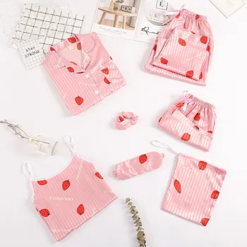 

Pink Women 7PCS Pajamas Set Print Stripe Sleep Set Sleepwear Long Sleeve Shirt&Pant Casual Lady Nightgown Loose Home Clothes