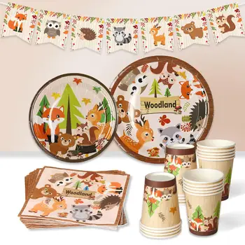 

HUIRAN woodland animals disposable party tableware paper Cups Plates Jungle Party Birthday Party decoration Kids Party supplies