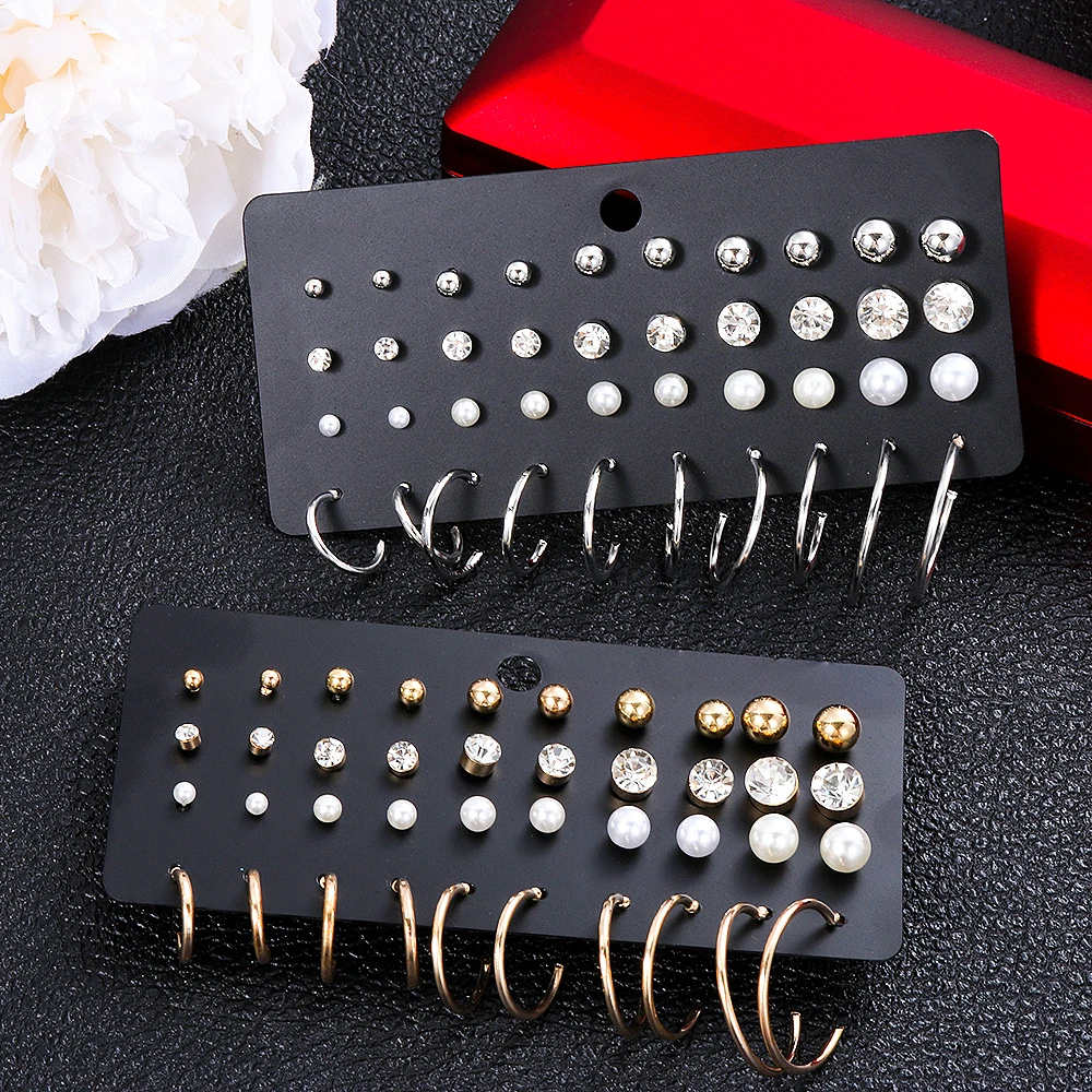 Conjunto de pendientes pequeños minimalistas para mujer y niña, joyería con diamantes de imitación, perlas, circonita, geométricos, pendientes de tuerca para oreja, 20 pares