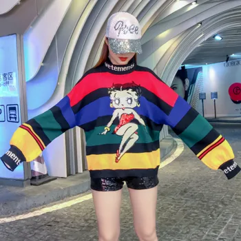 

Autumn Winter Cartoon Mickey Embroidery Turtleneck Sweater Women Rainbow Color Striped Stitching Pullovers Wild Crop Tops Sueter