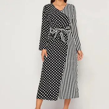 

Vintage 80s Dress French Style Stripe Patchwork Midi Dress Long Sleeve High Waisted Retro Holiday Dress Women Dropshipping#J30