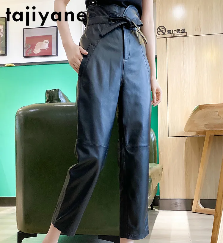 Tajiyane Pants for Women 2020 Real Sheepskin Wide Leg Pants Woman Genuine Leather High Waisted Trousers Spodnie Damskie TN1203 grey sweatpants