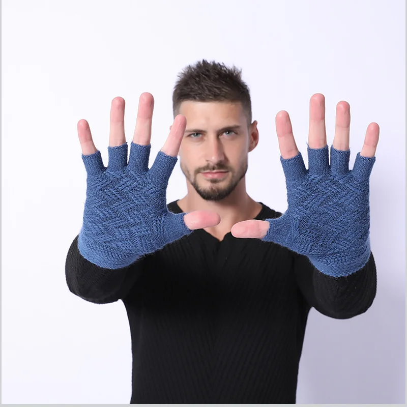 best mens gloves Fashion Men Full Finger Touch Screen Gloves Winter warm Acrylic Wool Plus Plush Thick Jacquard Knit Warm Half Finger Mittens C2 leather ski gloves