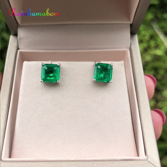 

Rainbamabom 925 Solid Sterling Silver Emerald Cut Emerald Gemstone Earrings White Gold Women Ear Studs Fine Jewelry Wholesale