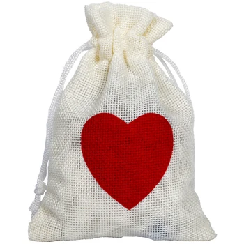 

50Pcs/Lot "Love In Heart"White Burlap Wedding Favor Bags Linen Party Gift Pouch Jewelry Beam Pocket 10X15Cm