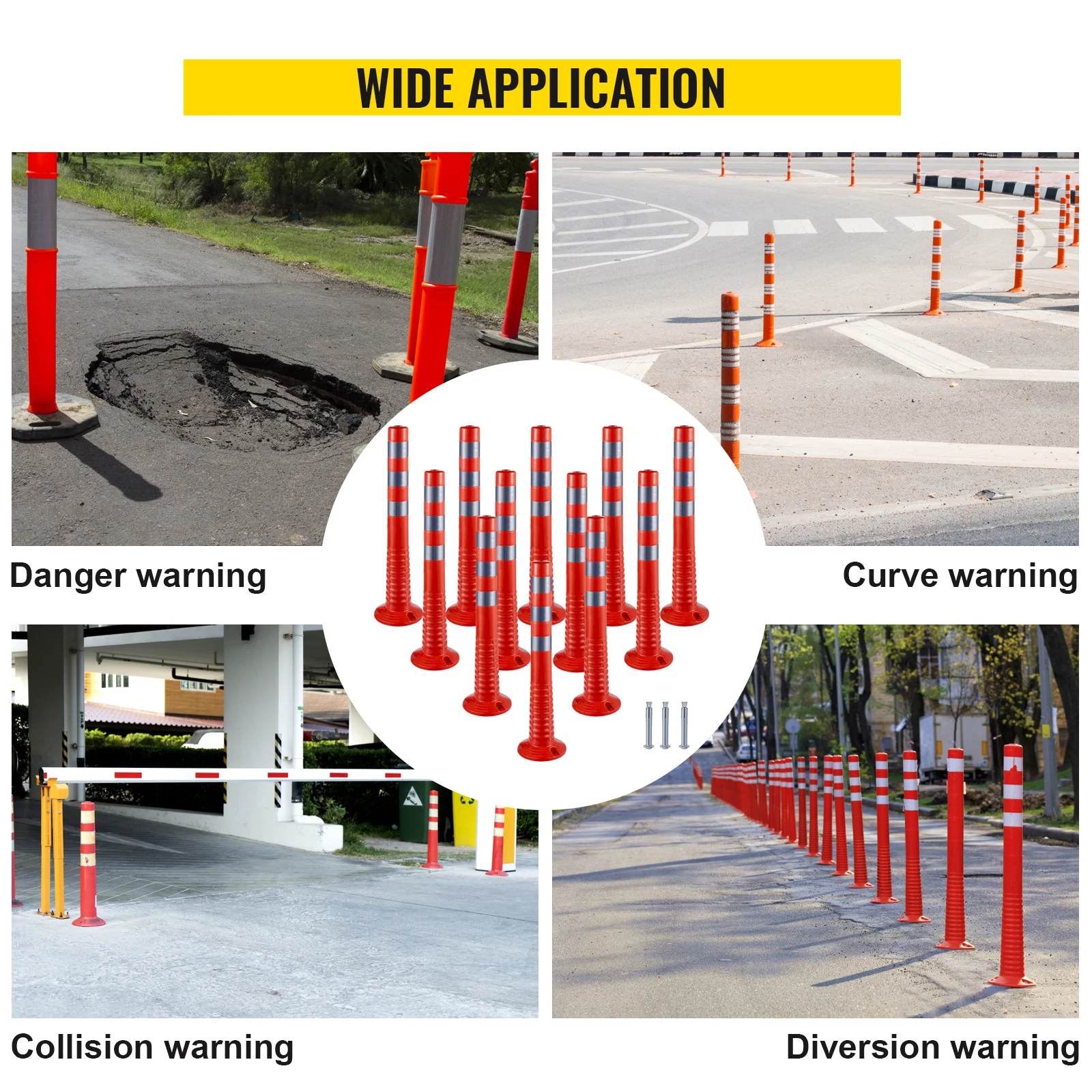 VEVOR 6 Pack /12 Pack Traffic Delineator Posts Flexible Channelizer Cone 30 Inch Spring Post Flexible PU Reflective Band Design 2