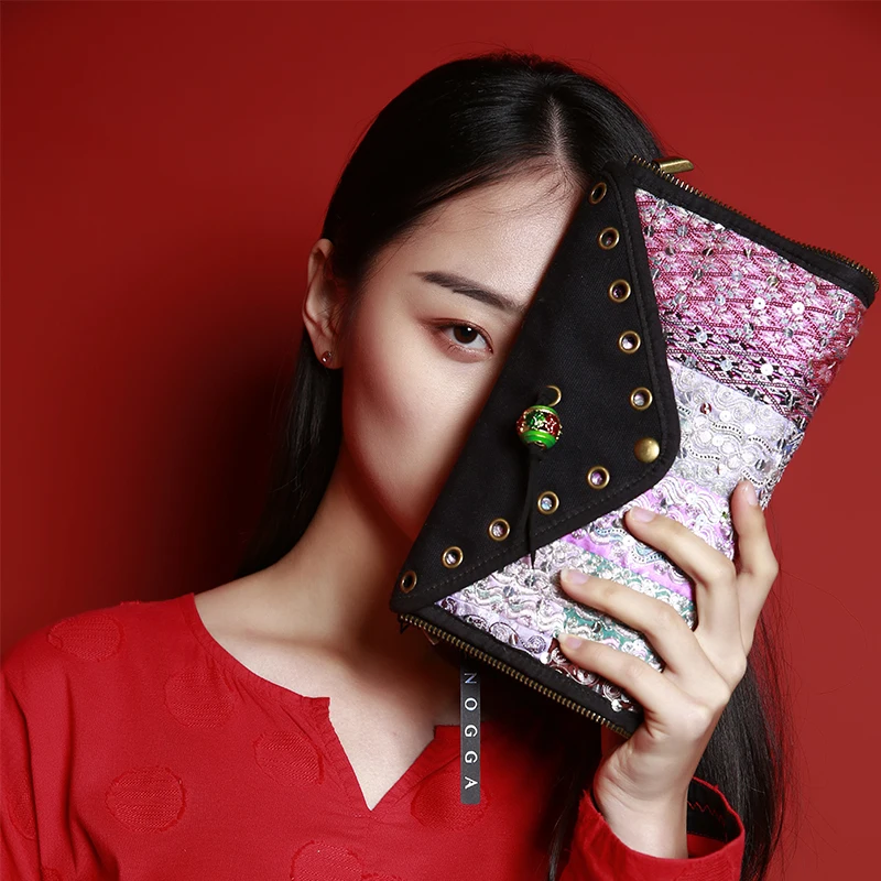 

MENOGGA Women Clutch Bag 100% Handmade Embroidery Durable Sequin Canvas Vintage Small Hand bag Banquet Long Roomy Female Wallet