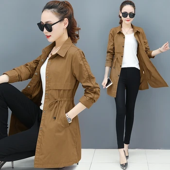 

2019 autumn thin drawstring solid women trench coat solid slim office elegant outwear coat tops top quality