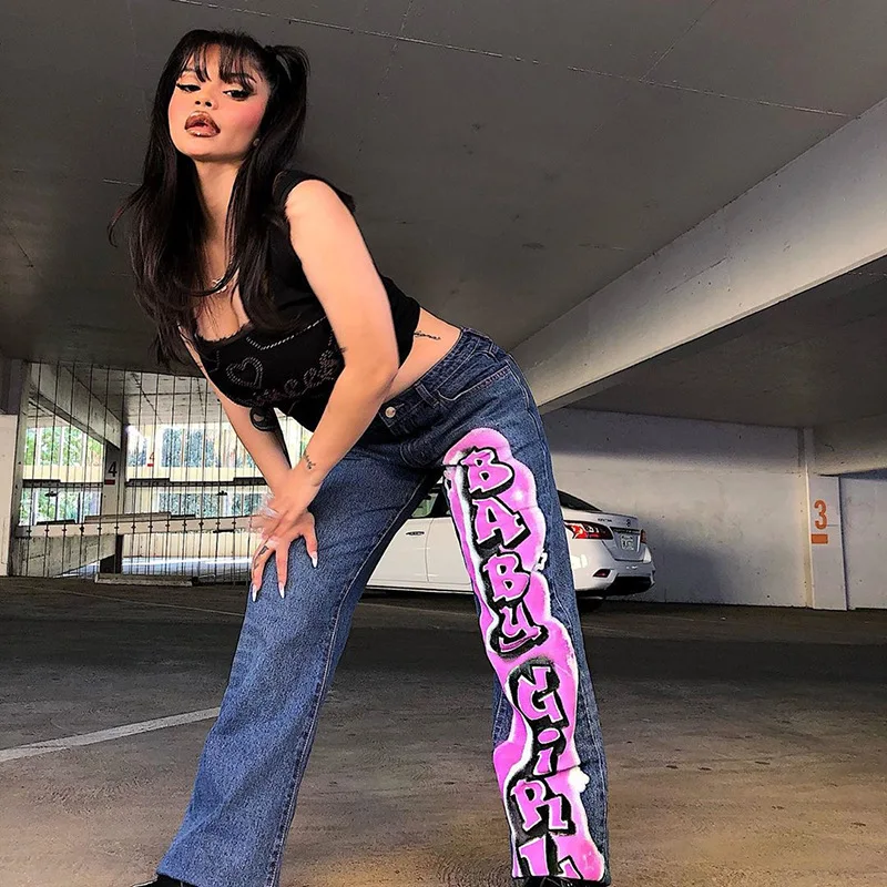 slim fit Vintage Streetwear Letter Printing Baggy Jeans 90s Fashion Straight Denim Low Waist Pants Autumn Moms Jeans chrome hearts jeans