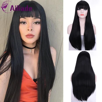 

AILIADE Black Long Straight Wig With Bangs Synthetic Hair Wigs for Women Heat Resistant Daily Cosplay Party Wigs