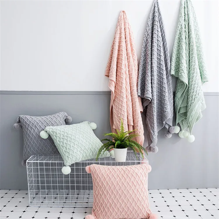 Pink Grey Cotton Plaid Knitted Blanket &Amp; Cushion Cover