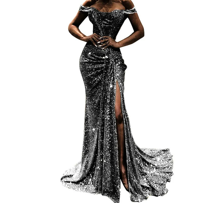 Silver sequin lange jurk mode maxi plus size vrouwen bodycon elegante Asymmetrische robe femme glitter party club dames jurken