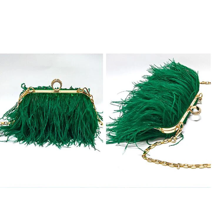 2022 Luxury Ostrich Feather Party Evening Clutch Bag Women Wedding Purses and Handbags Small Shoulder Chain Bag Designer Bag