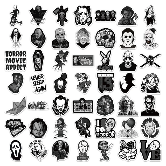 50 Black and White Horror Movie Stickers for Laptop/Water Bottle/Phone Case