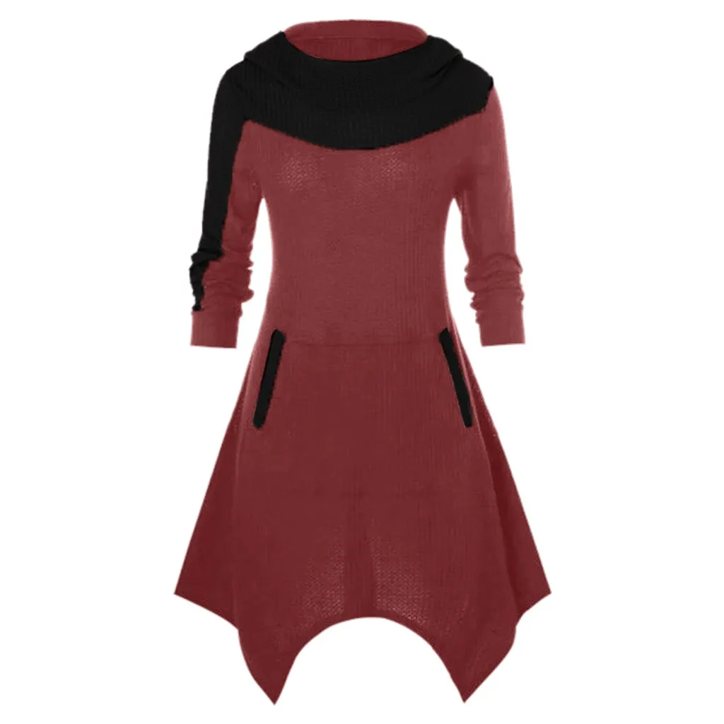 Feitong, женское платье с длинным рукавом, vestidos, однотонный пуловер, неровный, с капюшоном, приталенное, платье-толстовка, платье женское