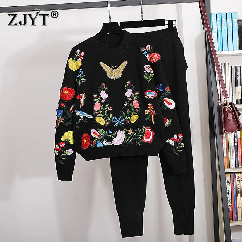 Street Fashion Winter Casual Tracksuit Women Autumn 2 Piece Outfits Floral Embroidery Sweater Knit Top and Haren Pants Suit Set