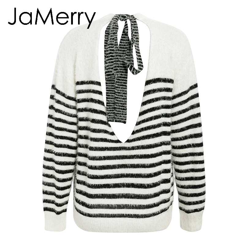 JaMerry Vintage sexy backless lace up mohair women pullover sweater Autumn winter soft female sweater casual Strip ladies jumper