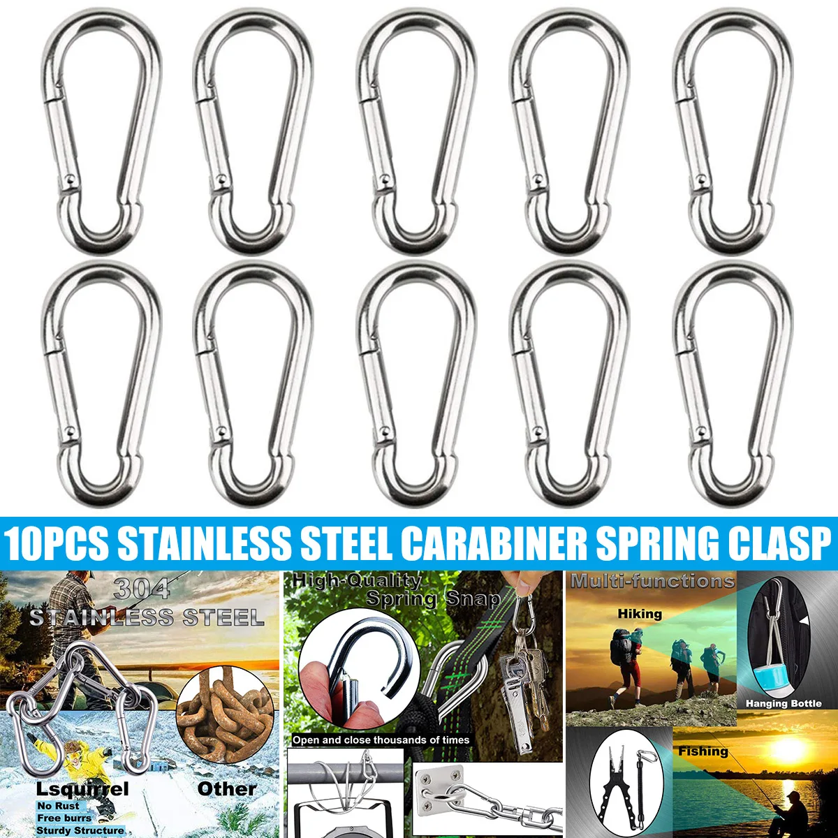 Snap Hook Carabiner Keychain Hiking Camp Stainless Steel Clip D-Ring Heavy Duty 